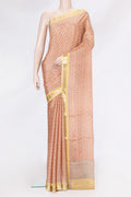 Peach Dual Tone Crepe Saree with Printed design on the body and Zari Border.  displayed on a mannequin