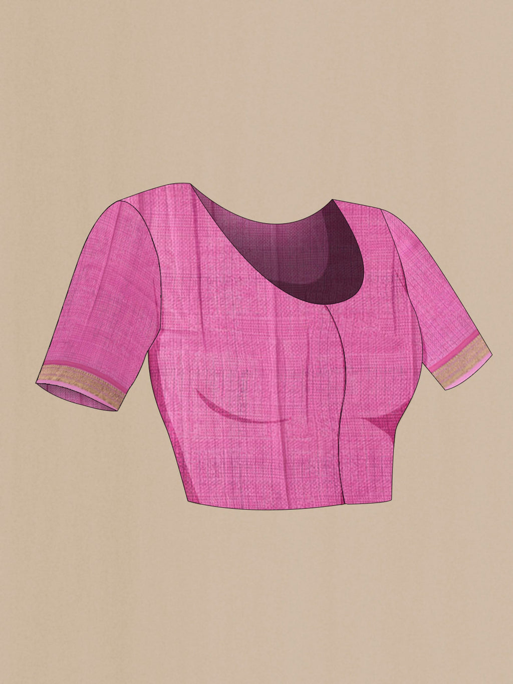 Close up image of the blouse of Pink Mysore Crepe Saree with Printed design on the body and Zari Border