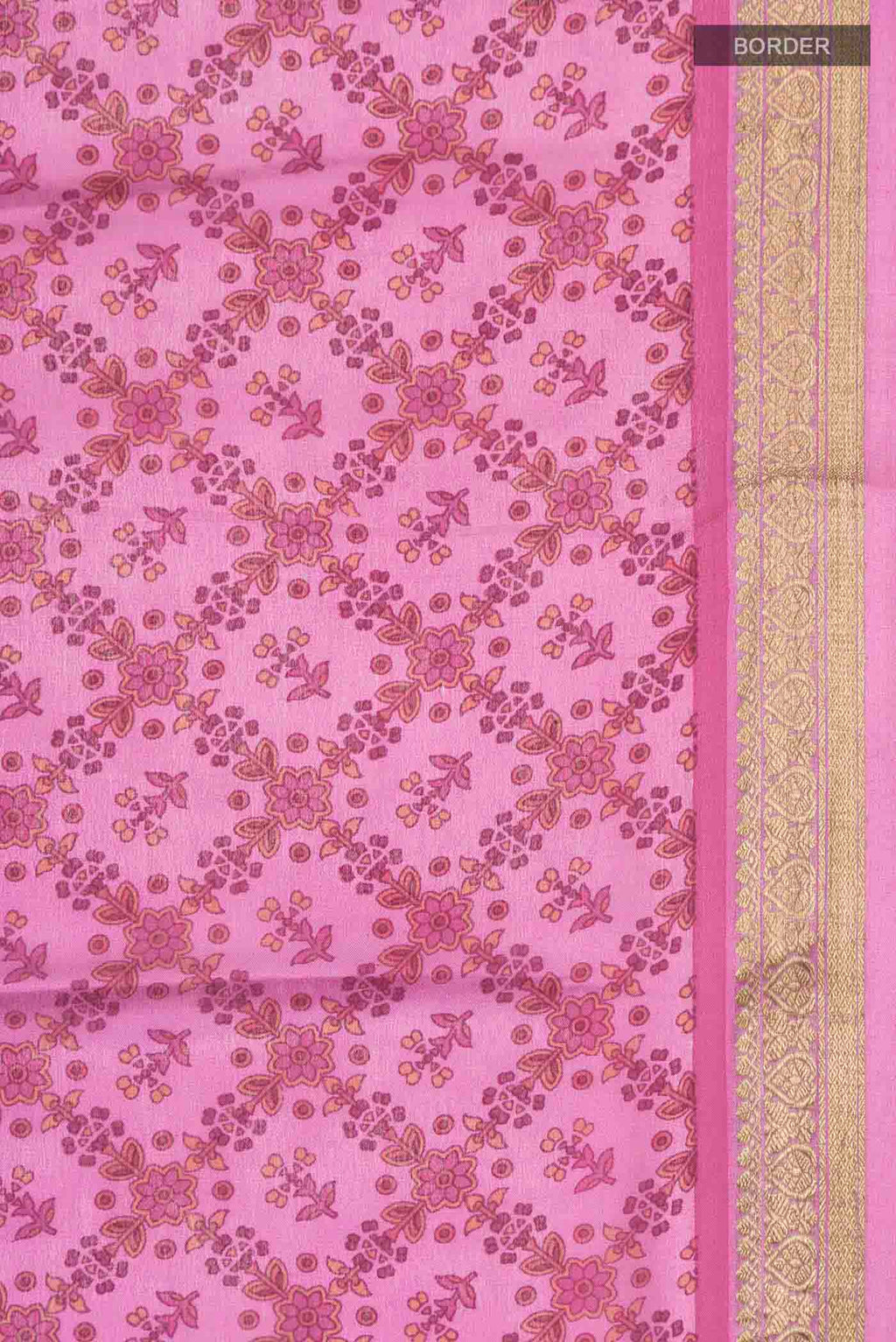 Border image of Pink Mysore Crepe Saree with Printed design on the body and Zari Border
