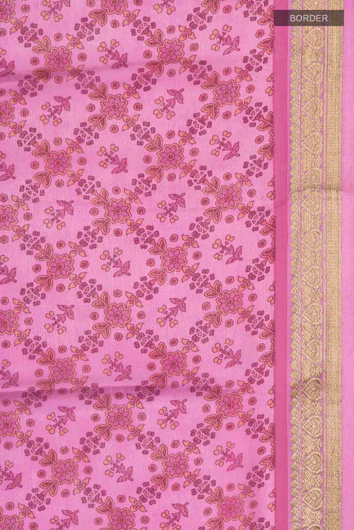 Border image of Pink Mysore Crepe Saree with Printed design on the body and Zari Border
