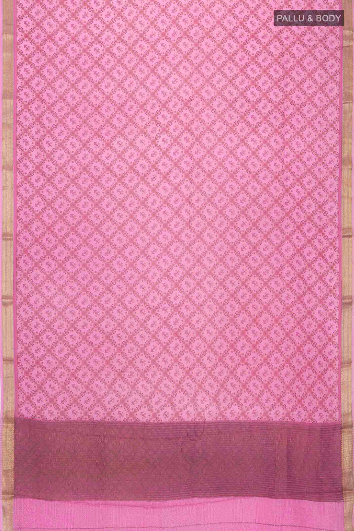 Flat view of Pink Mysore Crepe Saree with Printed design on the body and Zari Border