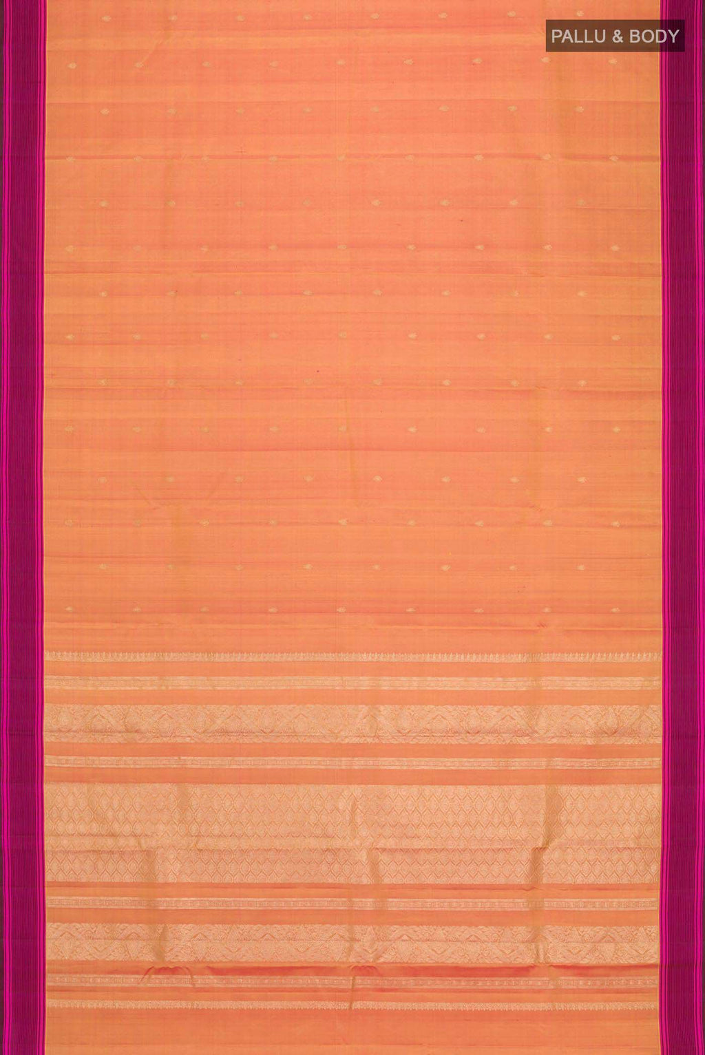 Flat view of Mustard Kanchipuram Silk Saree with Zari Butta on the body and Plain Border