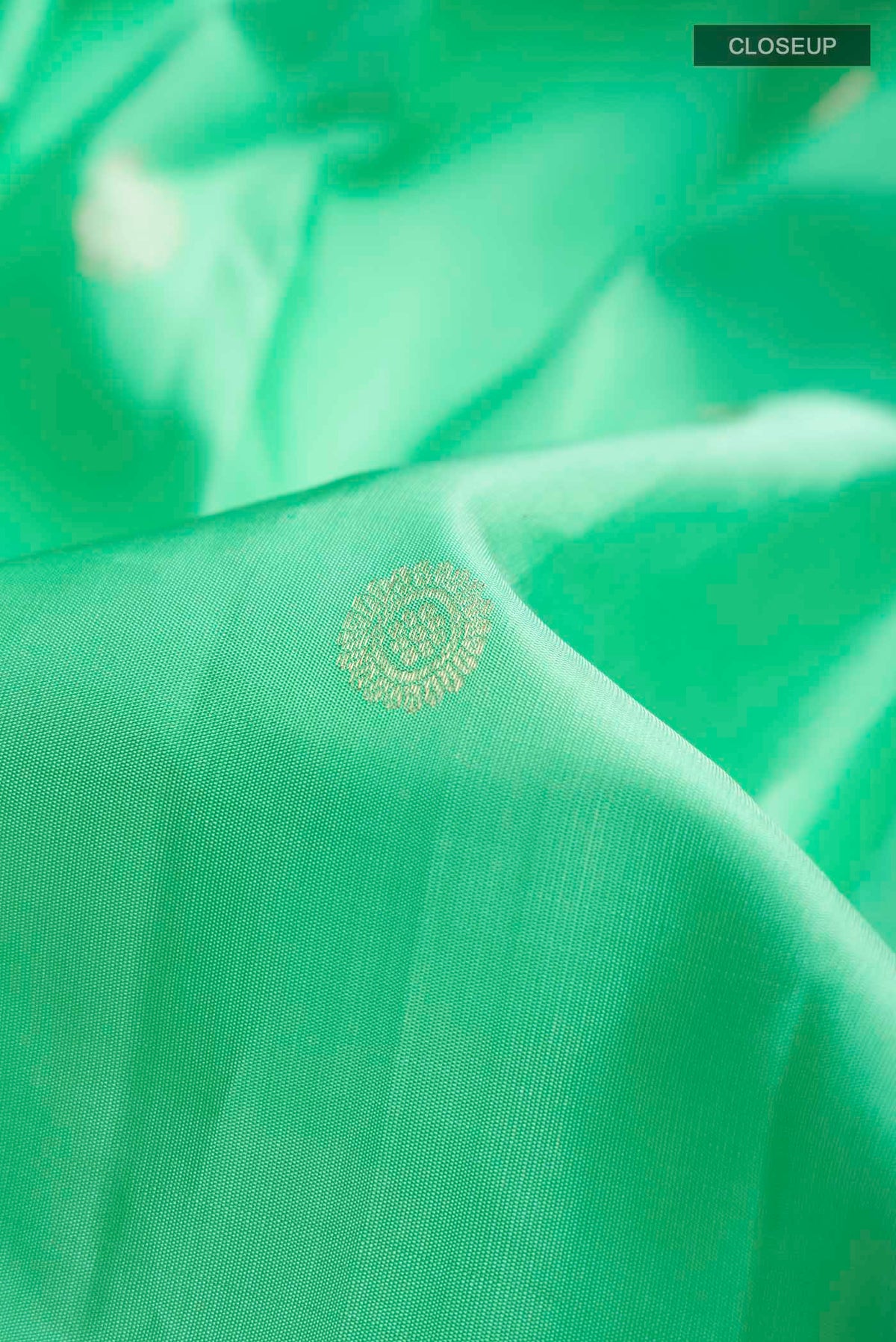 Close up of Green Kanchipuram Silk Saree with Zari Butta on the body and Zari Border displaying folds