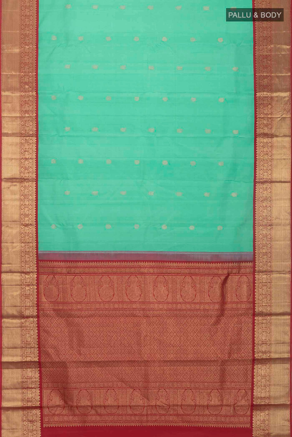 Flat view of Green Kanchipuram Silk Saree with Zari Butta on the body and Zari Border