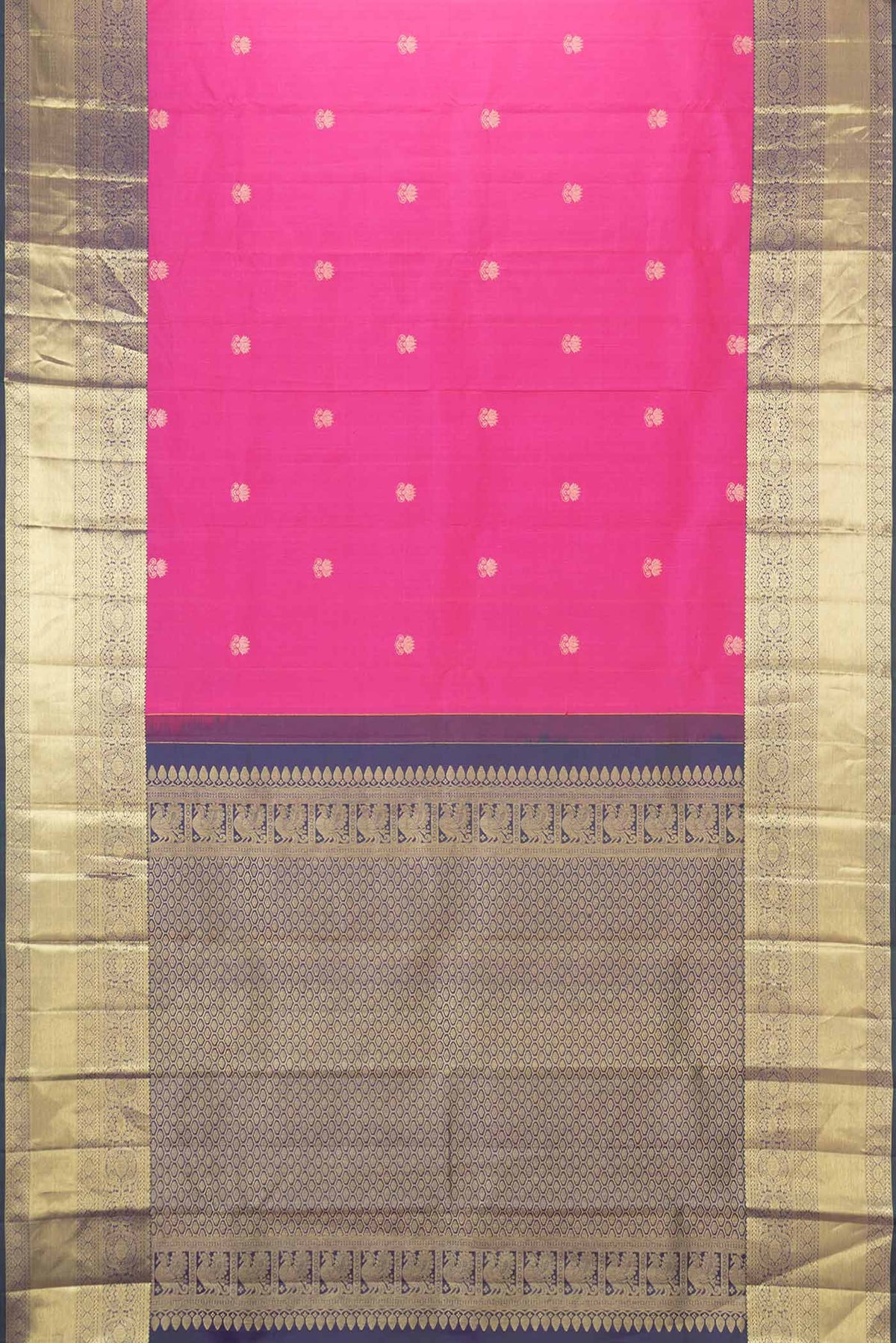 Flat view of Pink Dual Tone Kanchipuram Silk Saree with Zari Butta on the body and Zari Border