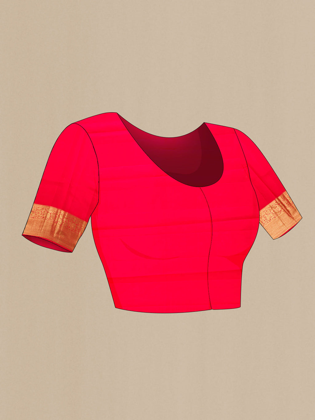 Close up image of the blouse of Red Dual Tone Kanchipuram Silk Saree with Zari Brocade on the body and Zari Border. 