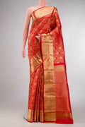 Red Dual Tone Kanchipuram Silk Saree with Zari Brocade on the body and Zari Border.  displayed on a mannequin