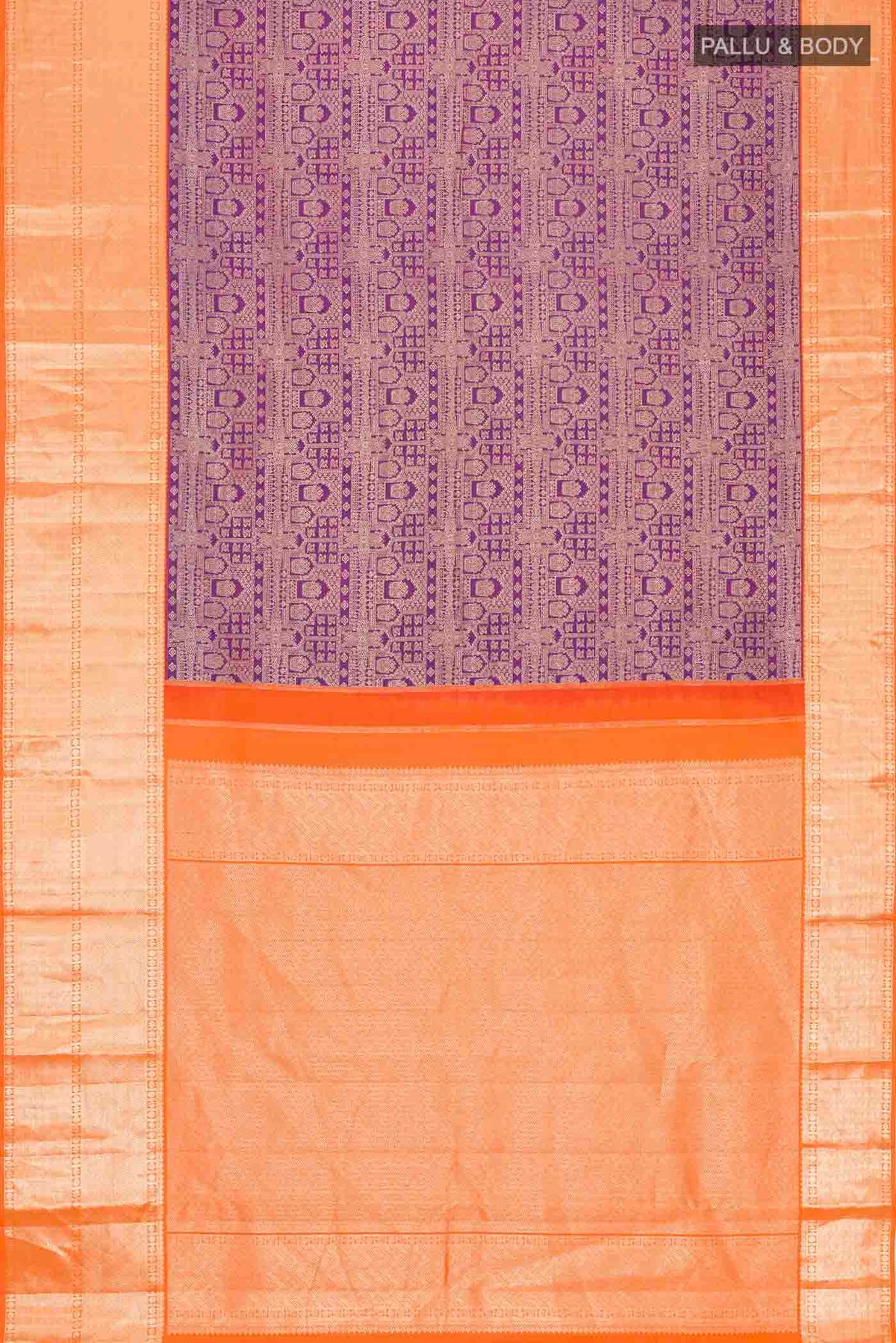 Flat view of Violet Kanchipuram Silk Saree with Zari Brocade on the body and Zari Border