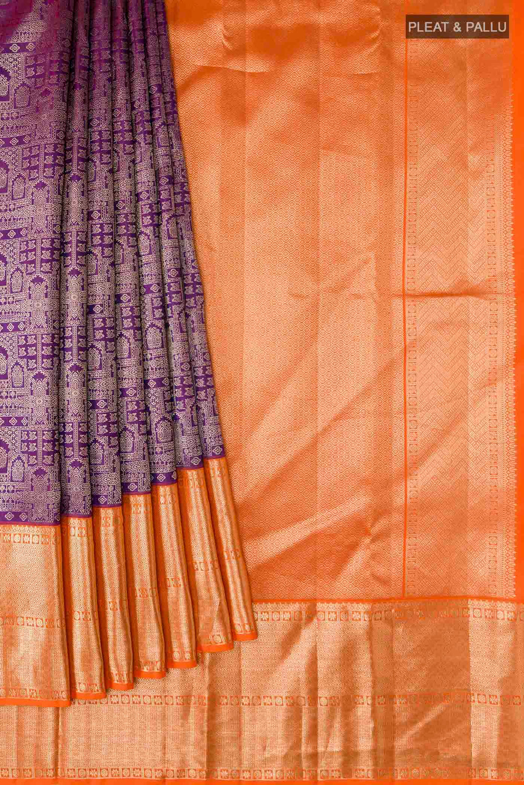 Pleats and pallu of Violet Kanchipuram Silk Saree with Zari Brocade on the body and Zari Border