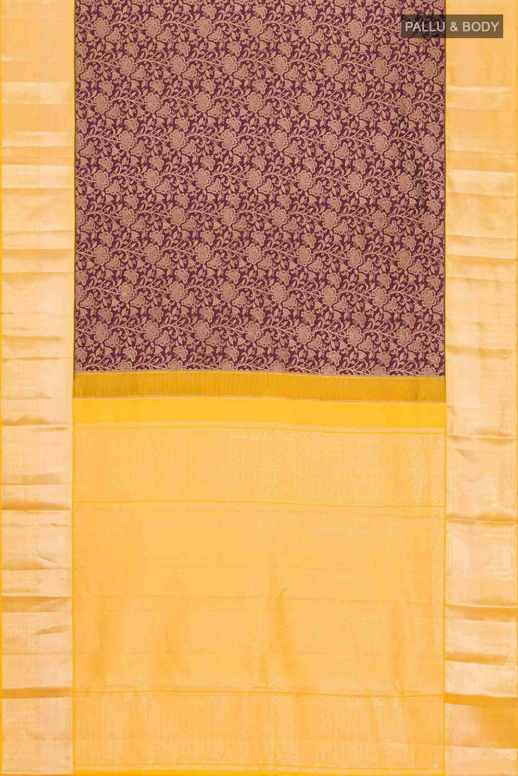 Flat view of Maroon Kanchipuram Silk Saree with Zari Brocade on the body and Zari Border