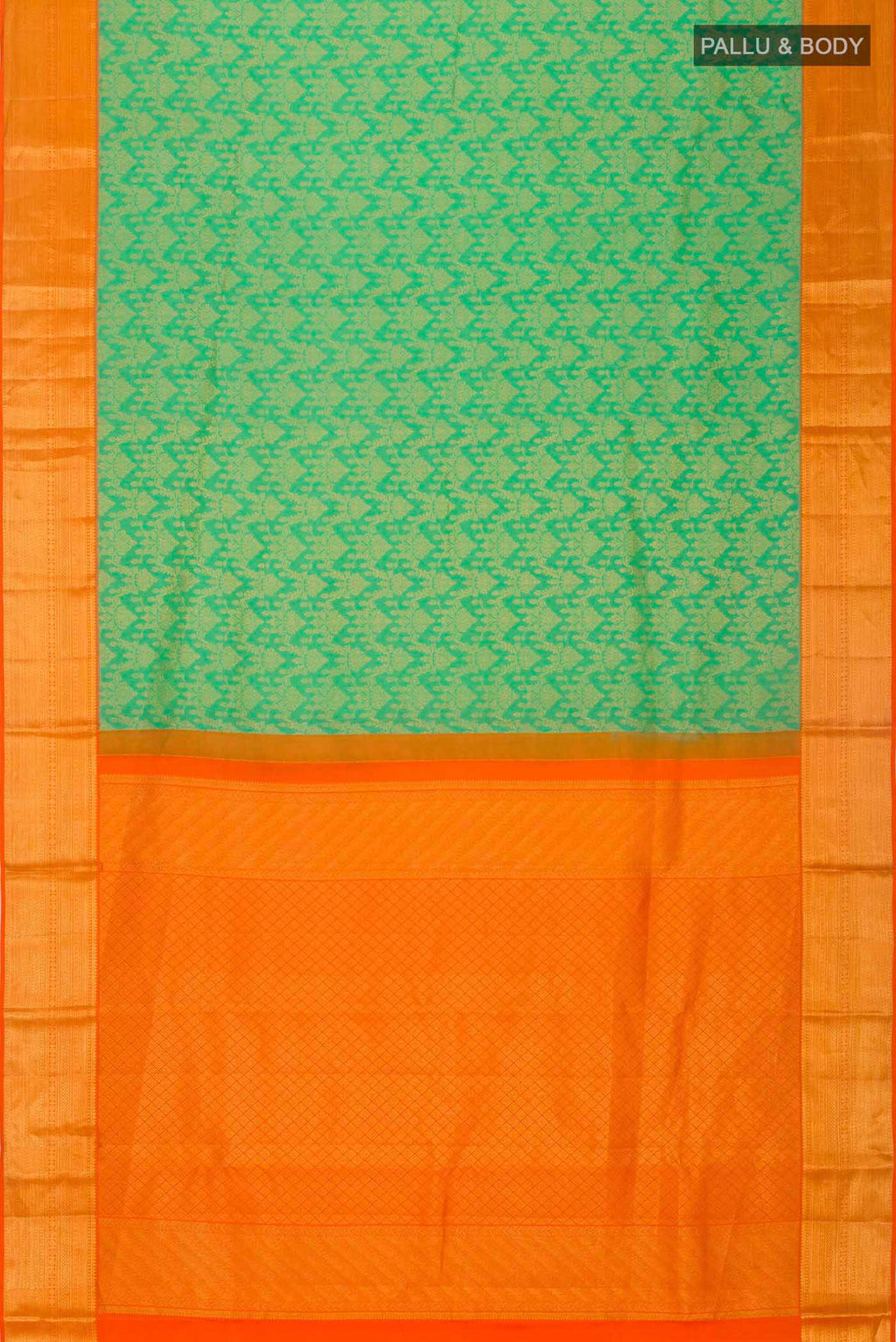 Flat view of Green Kanchipuram Silk Saree with Zari Brocade on the body and Zari Border