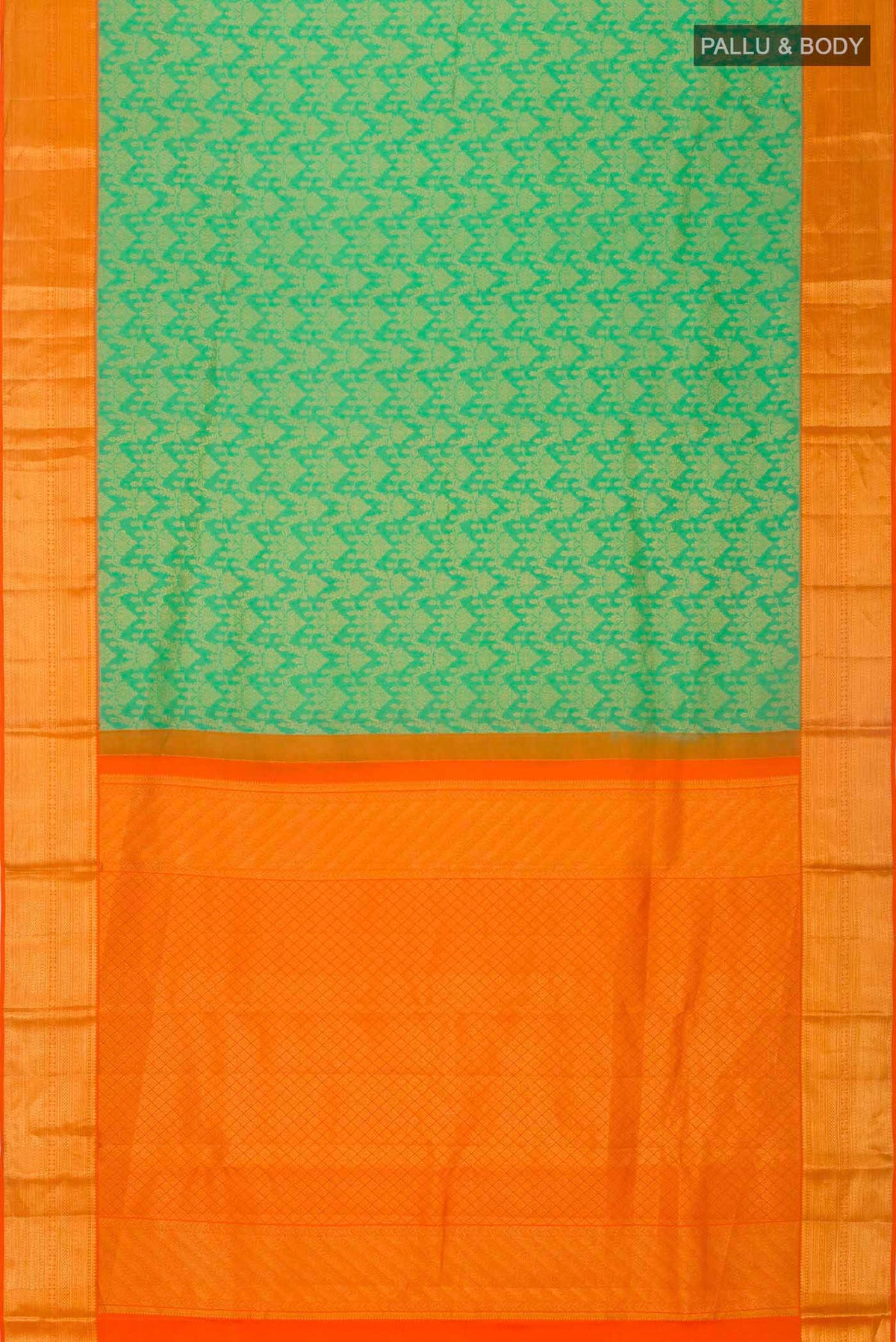 Flat view of Green Kanchipuram Silk Saree with Zari Brocade on the body and Zari Border