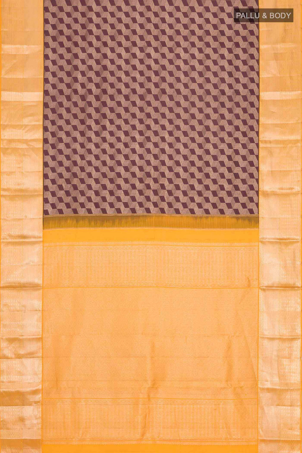 Flat view of Brown Kanchipuram Silk Saree with Zari Brocade on the body and Zari Border