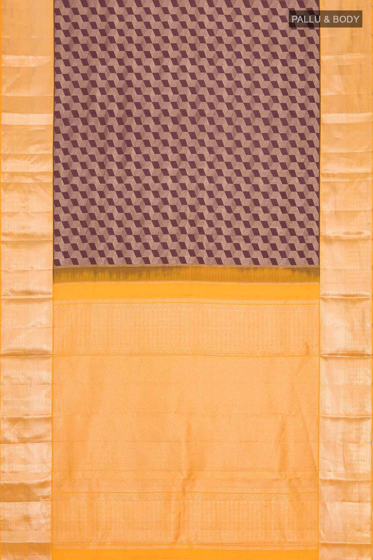 Flat view of Brown Kanchipuram Silk Saree with Zari Brocade on the body and Zari Border