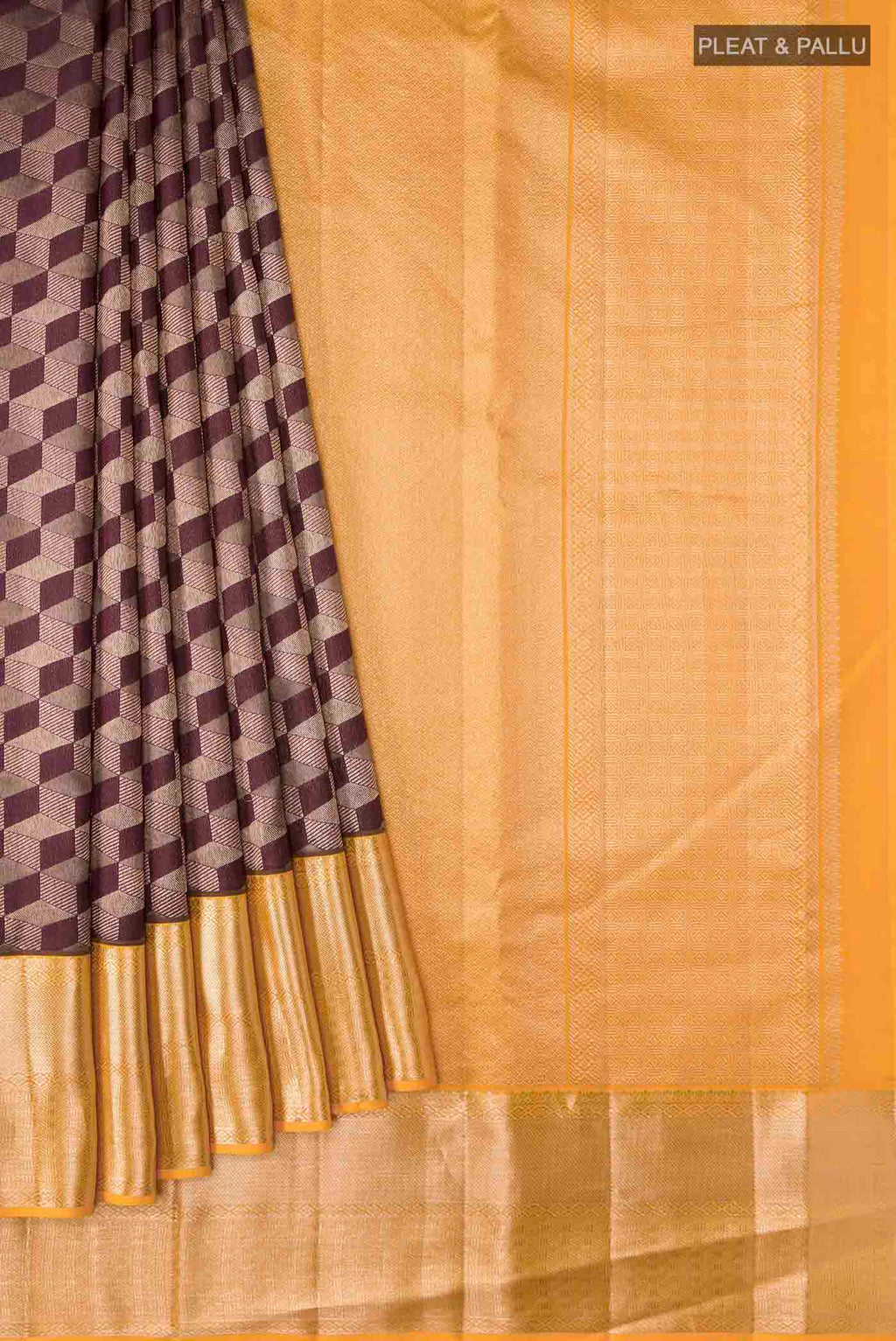 Pleats and pallu of Brown Kanchipuram Silk Saree with Zari Brocade on the body and Zari Border