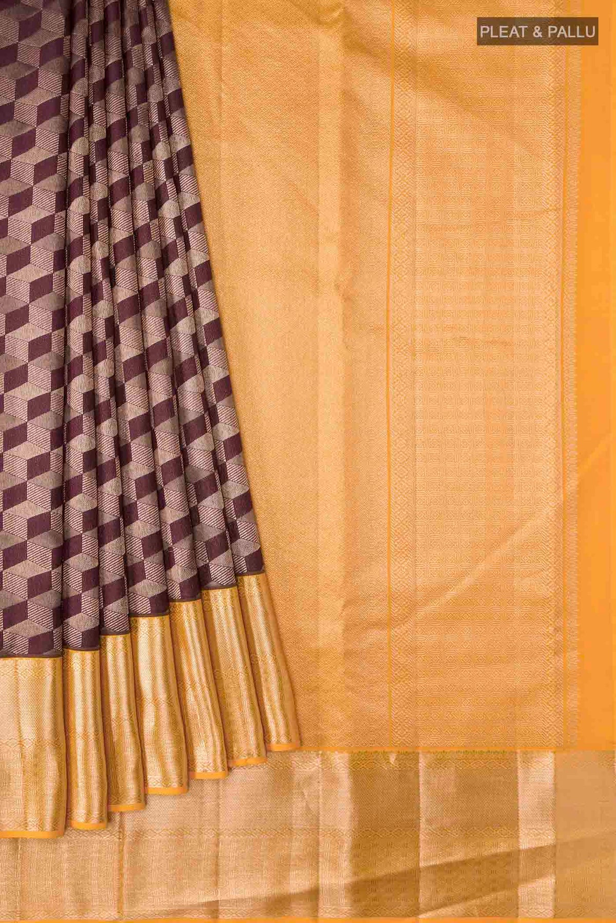 Pleats and pallu of Brown Kanchipuram Silk Saree with Zari Brocade on the body and Zari Border