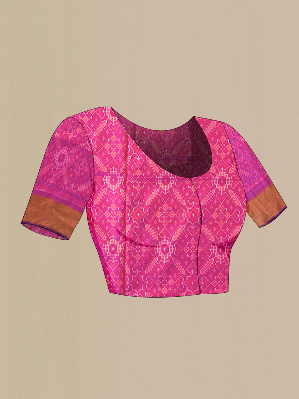 Close up image of the blouse of Pink Pochampally Silk Saree with Pure Ikat on the body and Zari Border