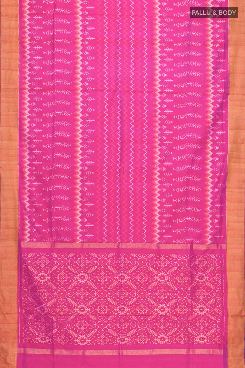 Flat view of Pink Pochampally Silk Saree with Pure Ikat on the body and Zari Border