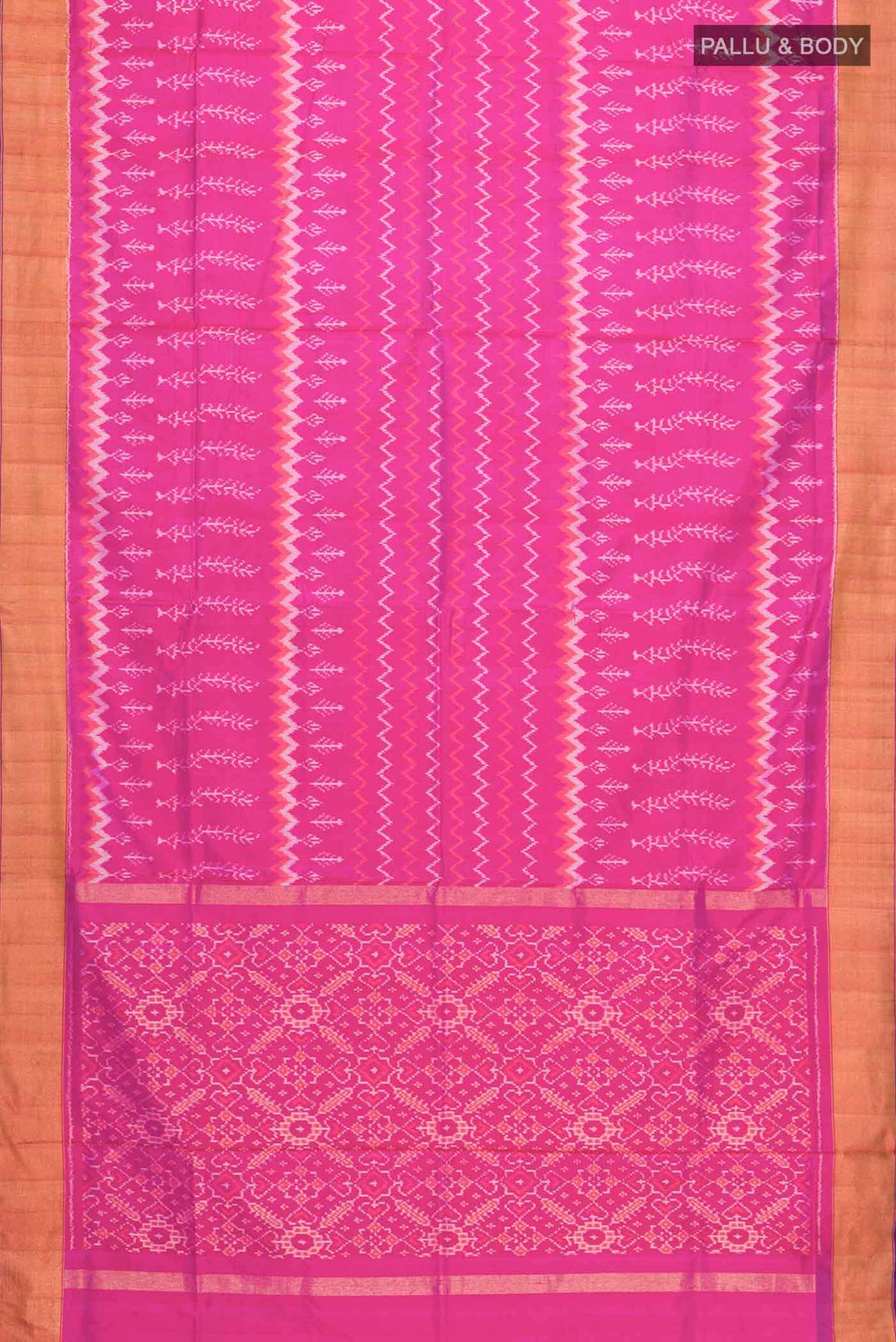 Flat view of Pink Pochampally Silk Saree with Pure Ikat on the body and Zari Border