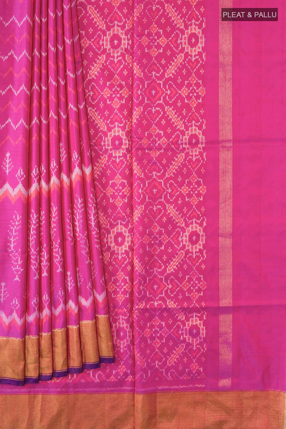 Pleats and pallu of Pink Pochampally Silk Saree with Pure Ikat on the body and Zari Border