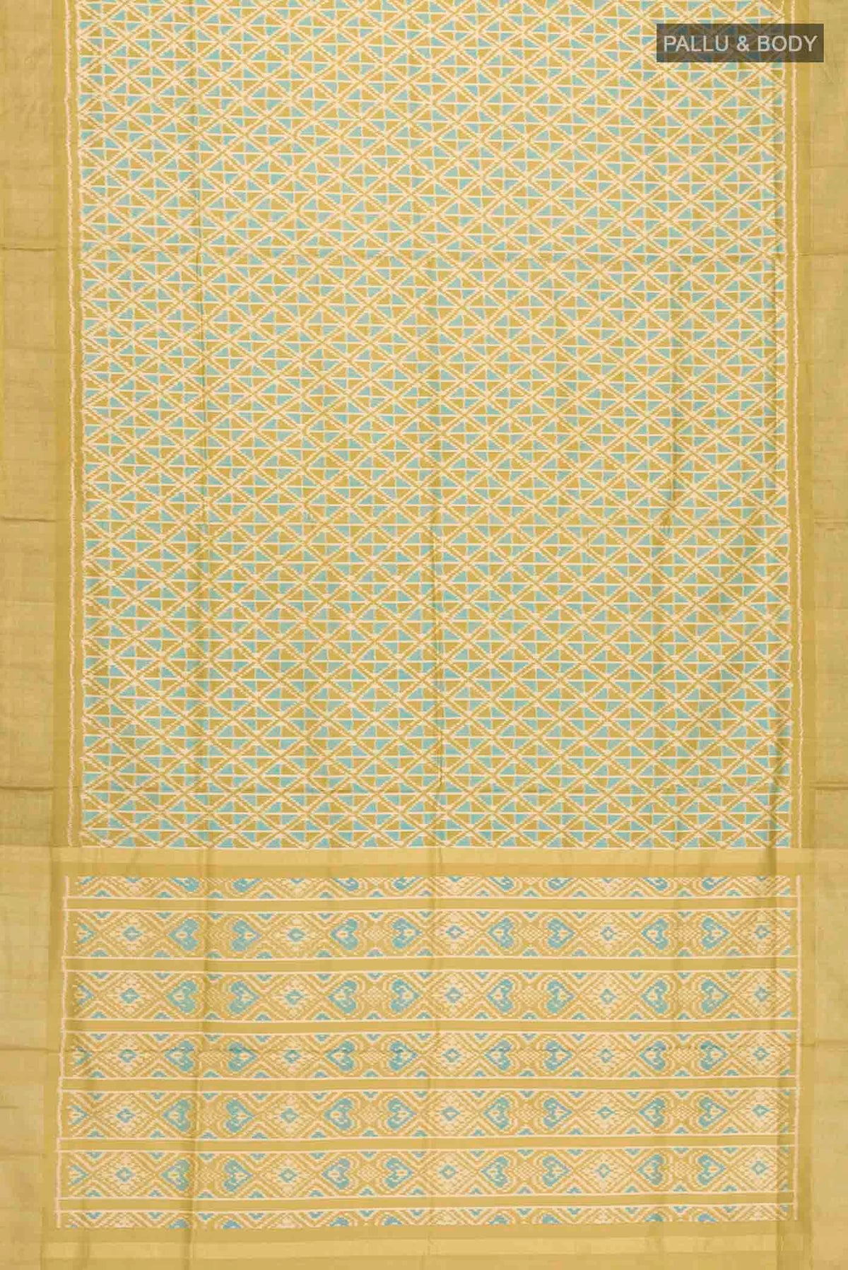 Flat view of Green Pochampally Silk Saree with Pure Ikat on the body and Zari Border
