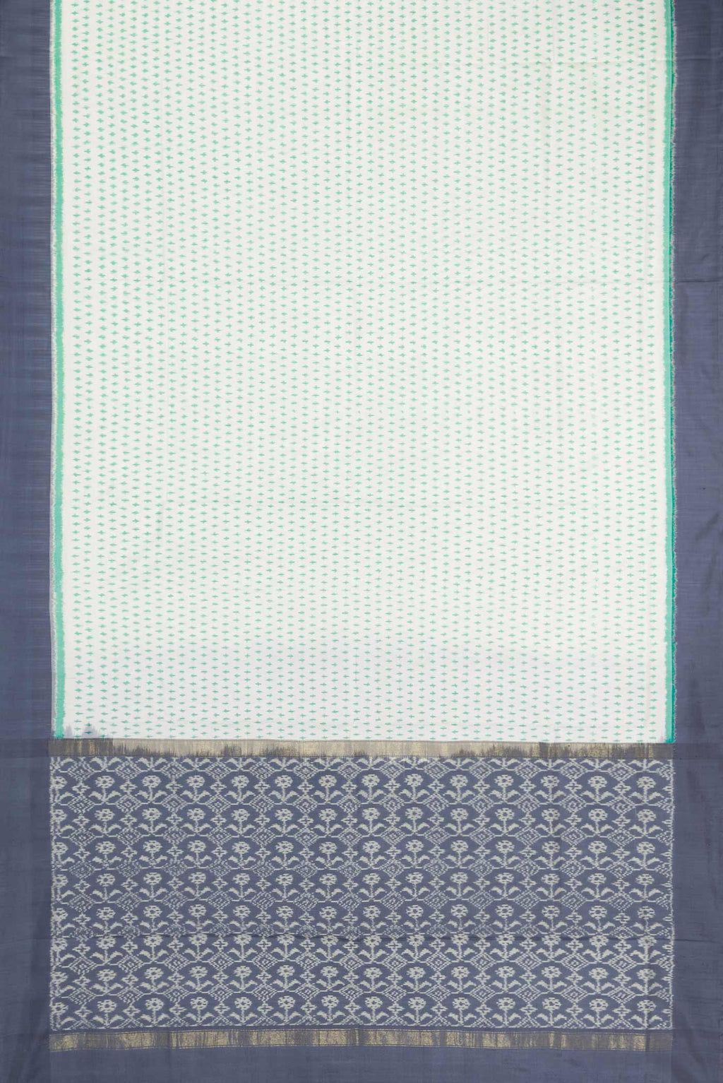 Flat view of Off White Dual Tone Double Ikat Saree with Ikat Print on the body and Zari Border