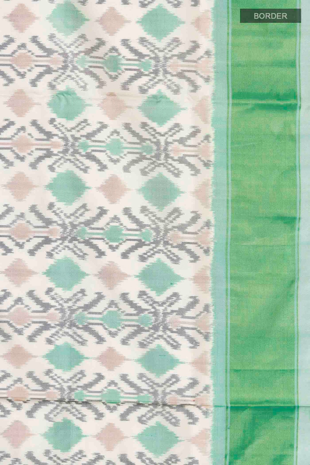 Border image of White Pochampally Silk Saree with Pure Ikat on the body and Zari Border