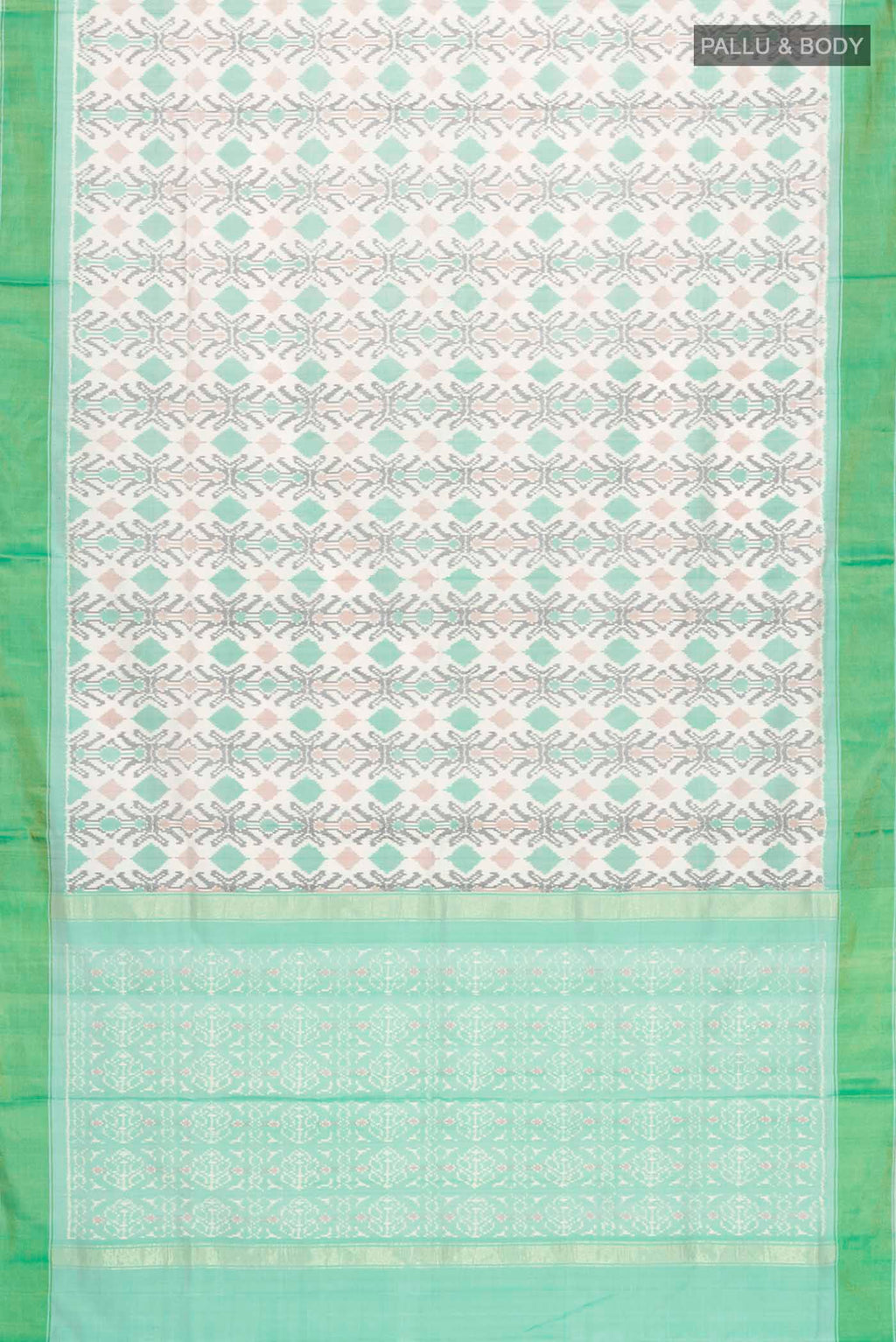 Flat view of White Pochampally Silk Saree with Pure Ikat on the body and Zari Border