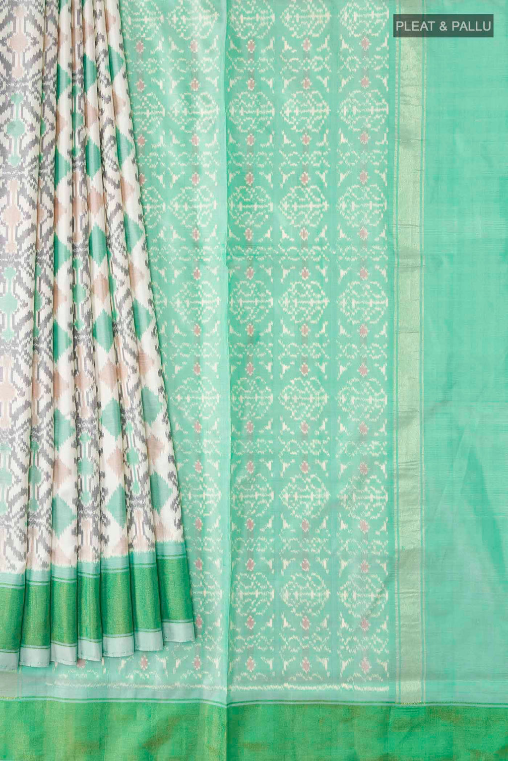 Pleats and pallu of White Pochampally Silk Saree with Pure Ikat on the body and Zari Border