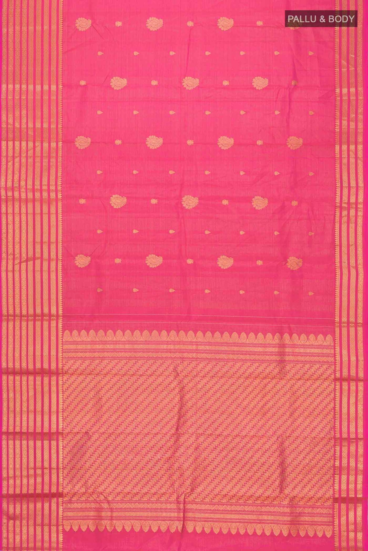 Flat view of Pink Kanchipuram Silk Saree with Zari Butta on the body and Zari Border