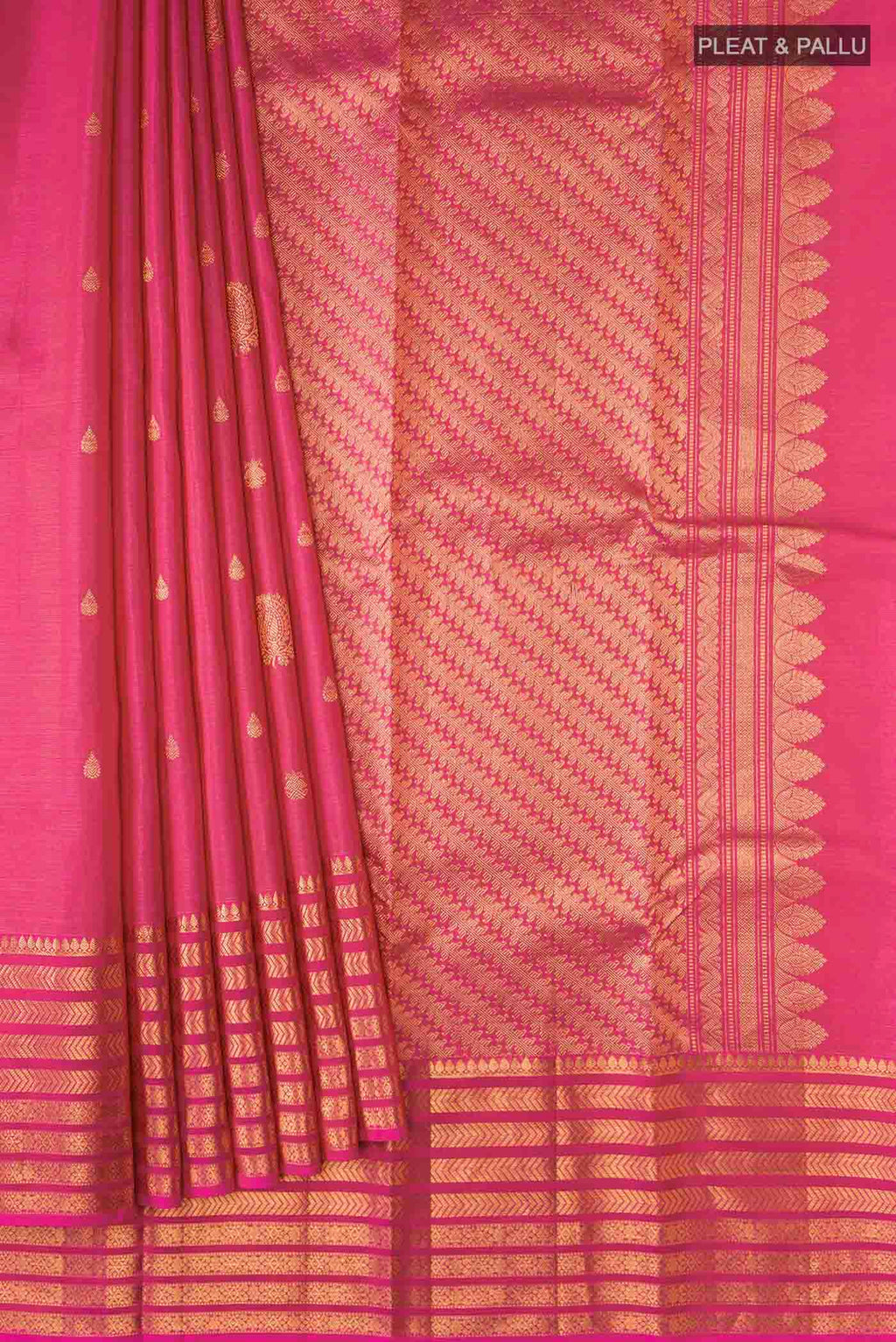 Pleats and pallu of Pink Kanchipuram Silk Saree with Zari Butta on the body and Zari Border