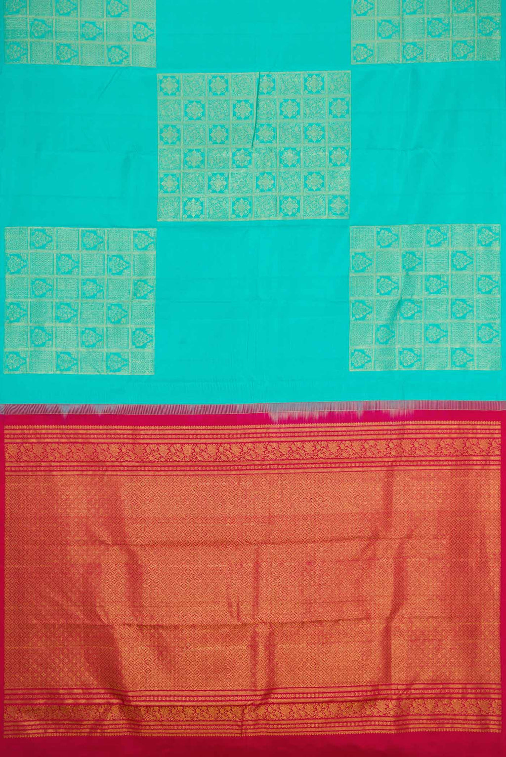 Flat view of Sky Blue Dual Tone Kanchipuram Silk Saree with Zari Butta on the body and Without Border