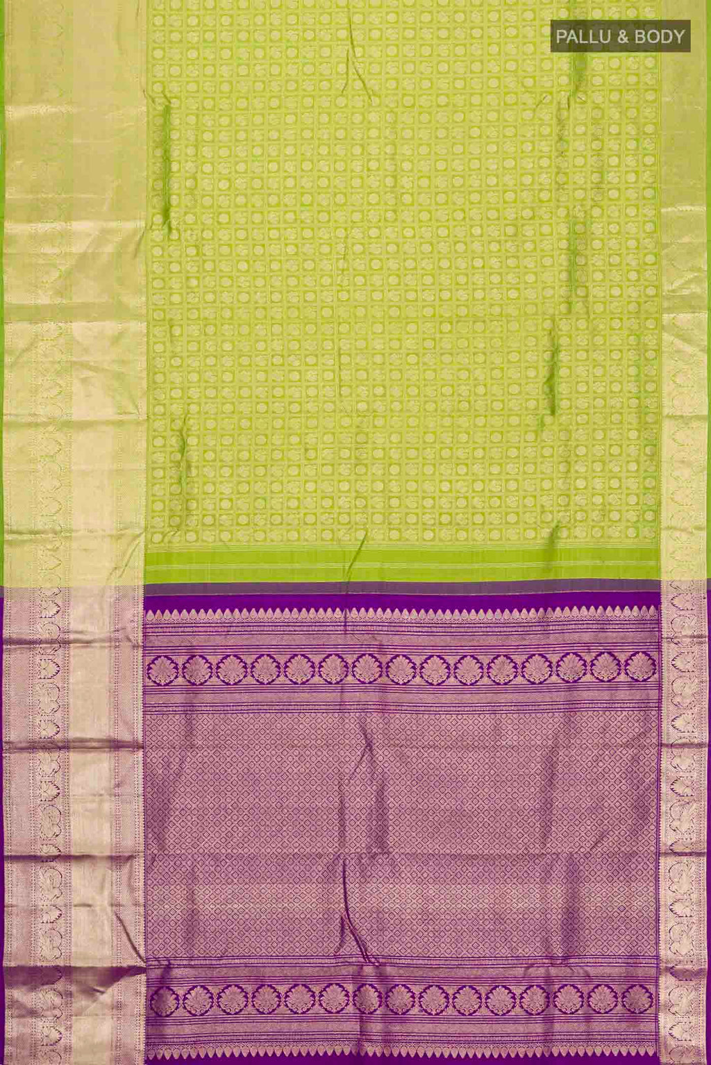 Flat view of Green Kanchipuram Silk Saree with Zari Brocade on the body and Zari Border
