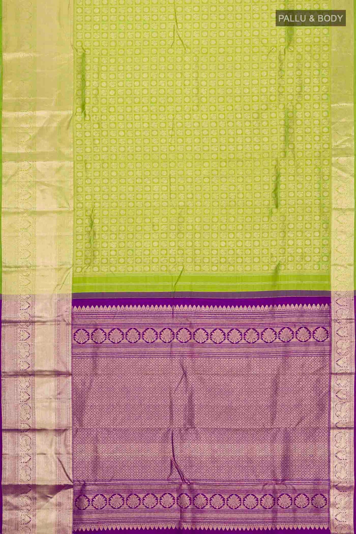 Flat view of Green Kanchipuram Silk Saree with Zari Brocade on the body and Zari Border