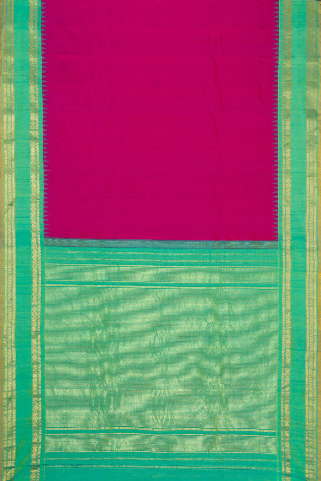 Flat view of Pink Dual Tone Gadwal Silk Saree with Plain Body and Zari Border. 