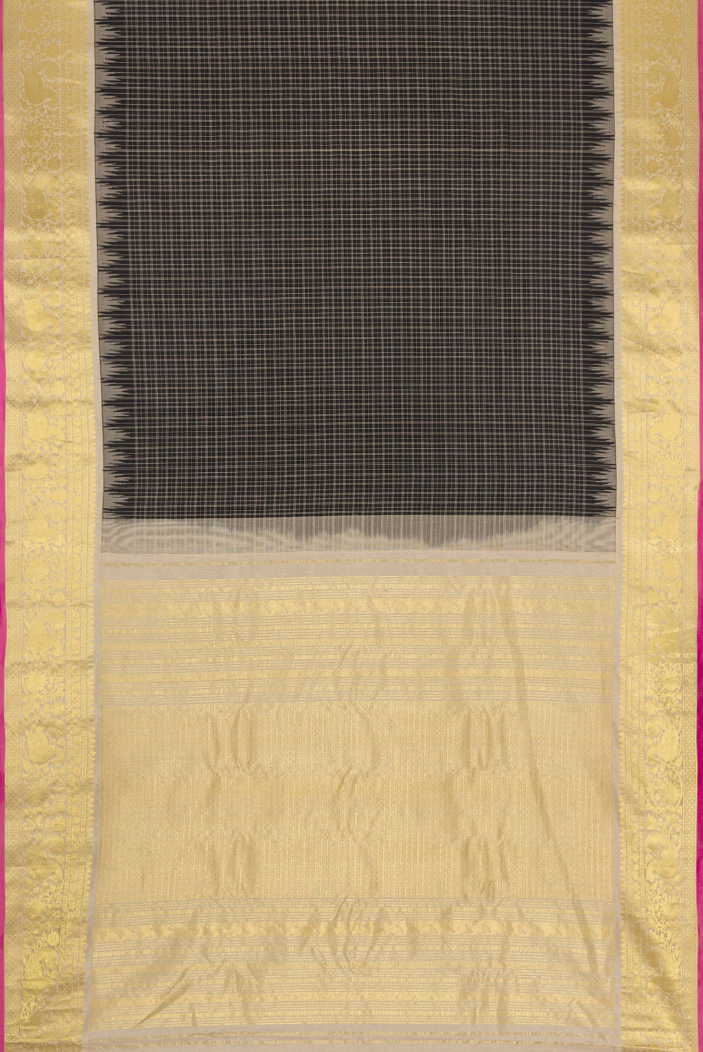 Flat view of Black Dual Tone Gadwal Silk Saree with Checked design on the body and Temple Border. 