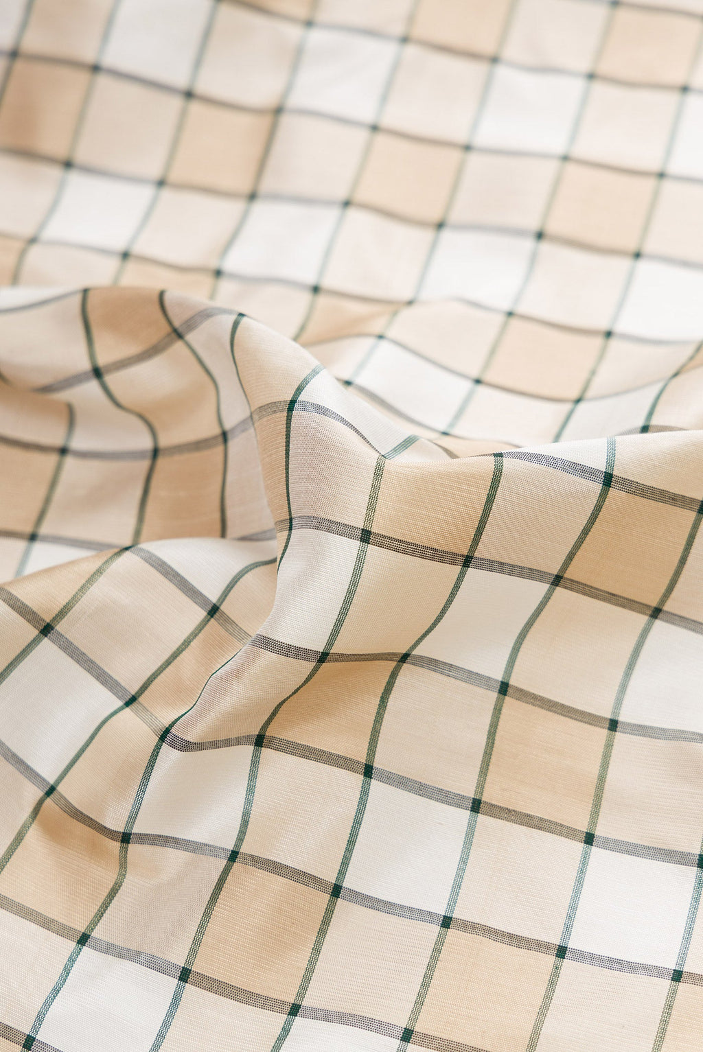 Close up of Beige and Off White Color Gadwal Silk Saree with Checked design on the body and Zari Border.  displaying folds