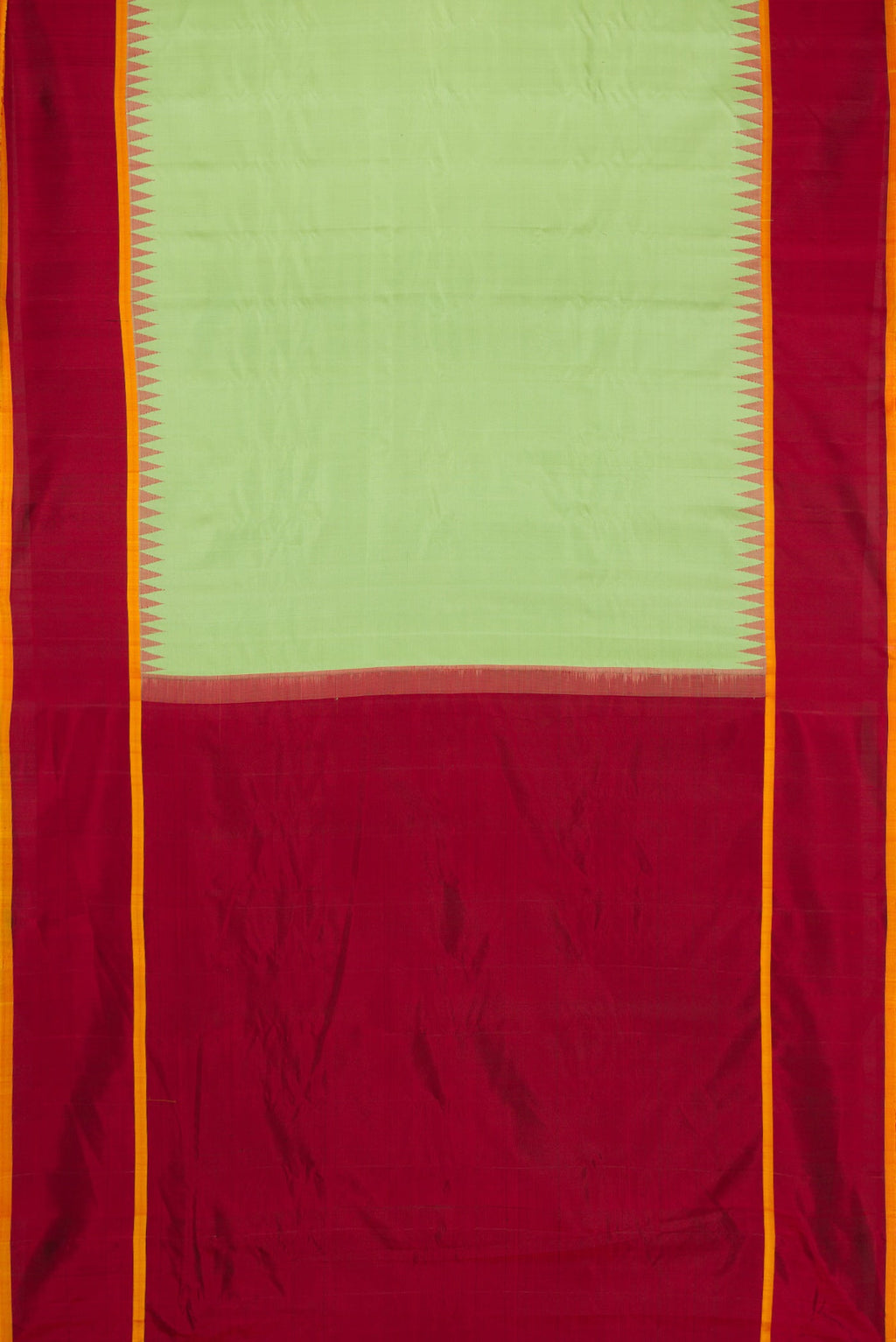 Flat view of Pista Green Dual Tone Gadwal Silk Saree with Plain Body and Temple Border. 