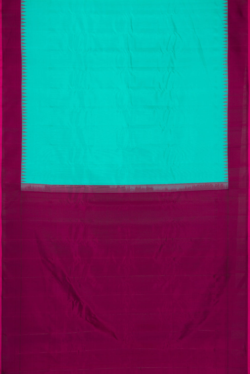 Flat view of Sea Green Dual Tone Gadwal Silk Saree with Plain Body and Temple Border. 
