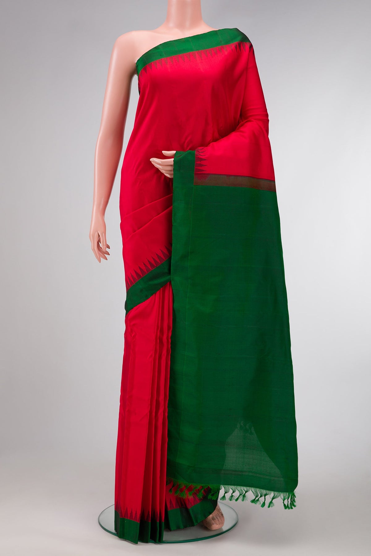 Red Dual Tone Gadwal Silk Saree with Plain Body and Temple Border.  displayed on a mannequin