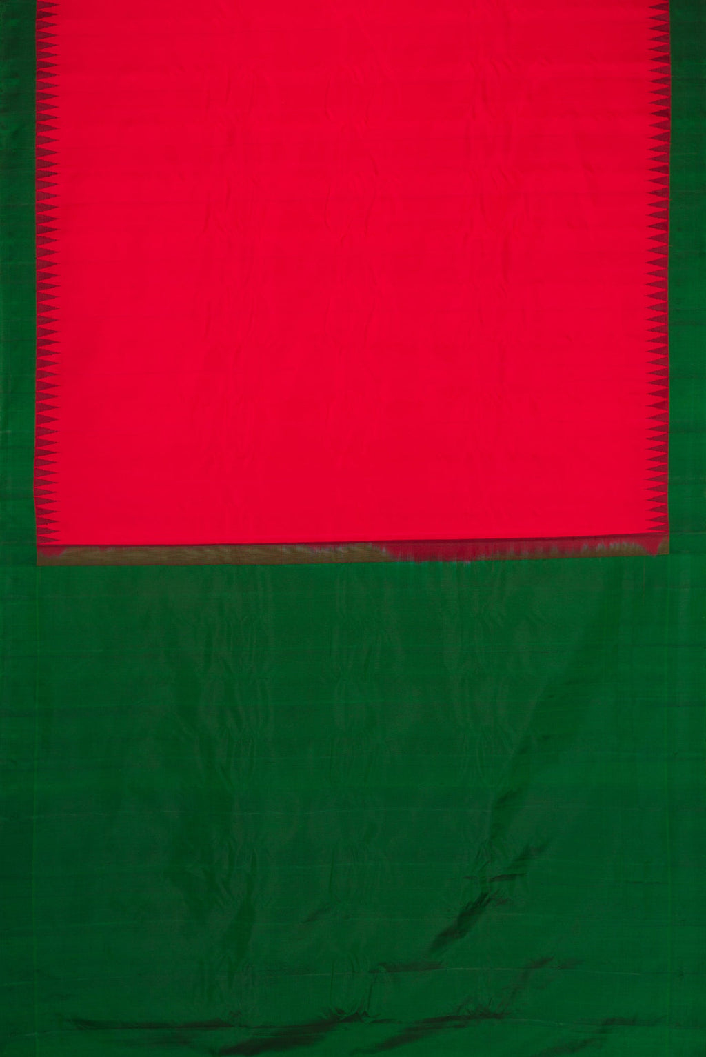 Flat view of Red Dual Tone Gadwal Silk Saree with Plain Body and Temple Border. 