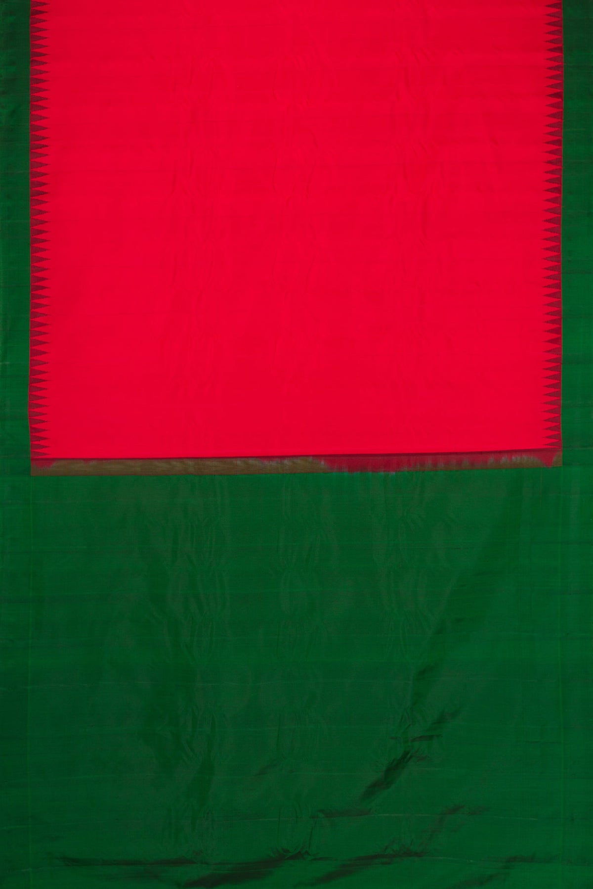 Flat view of Red Dual Tone Gadwal Silk Saree with Plain Body and Temple Border. 