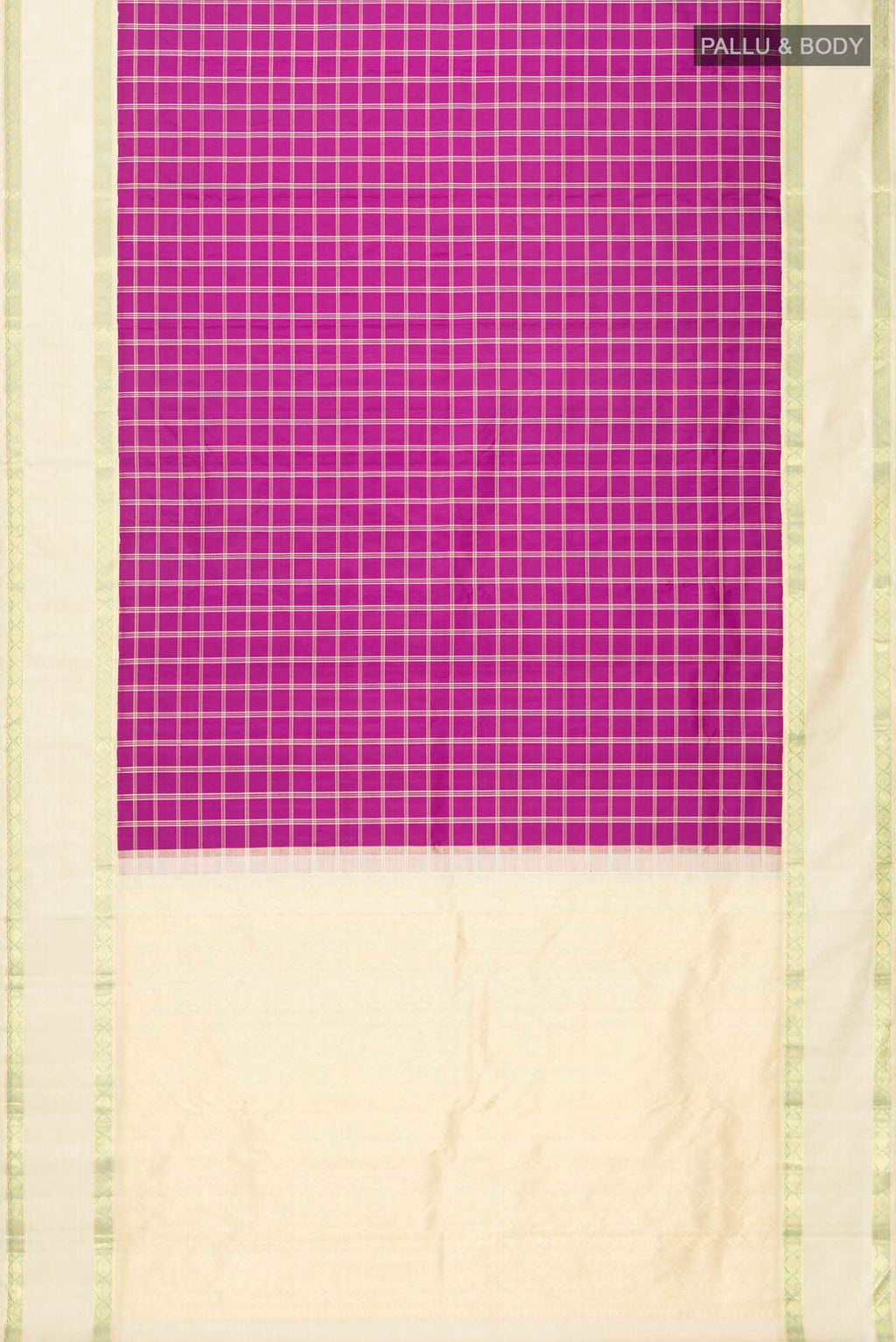 Flat view of Purple Kanchipuram Silk Saree with Checked design on the body and Zari Border
