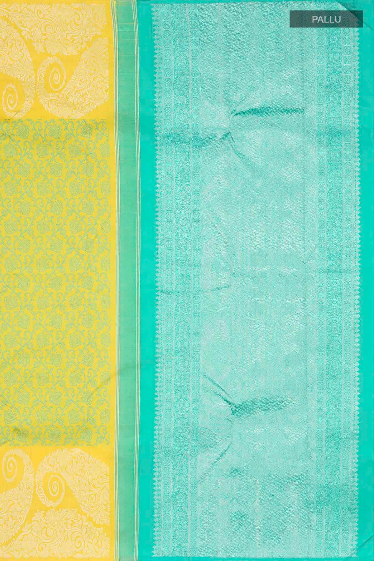 Close up image of the pallu of Green Kanchipuram Silk Saree with Jacquard design on the body and Zari Border