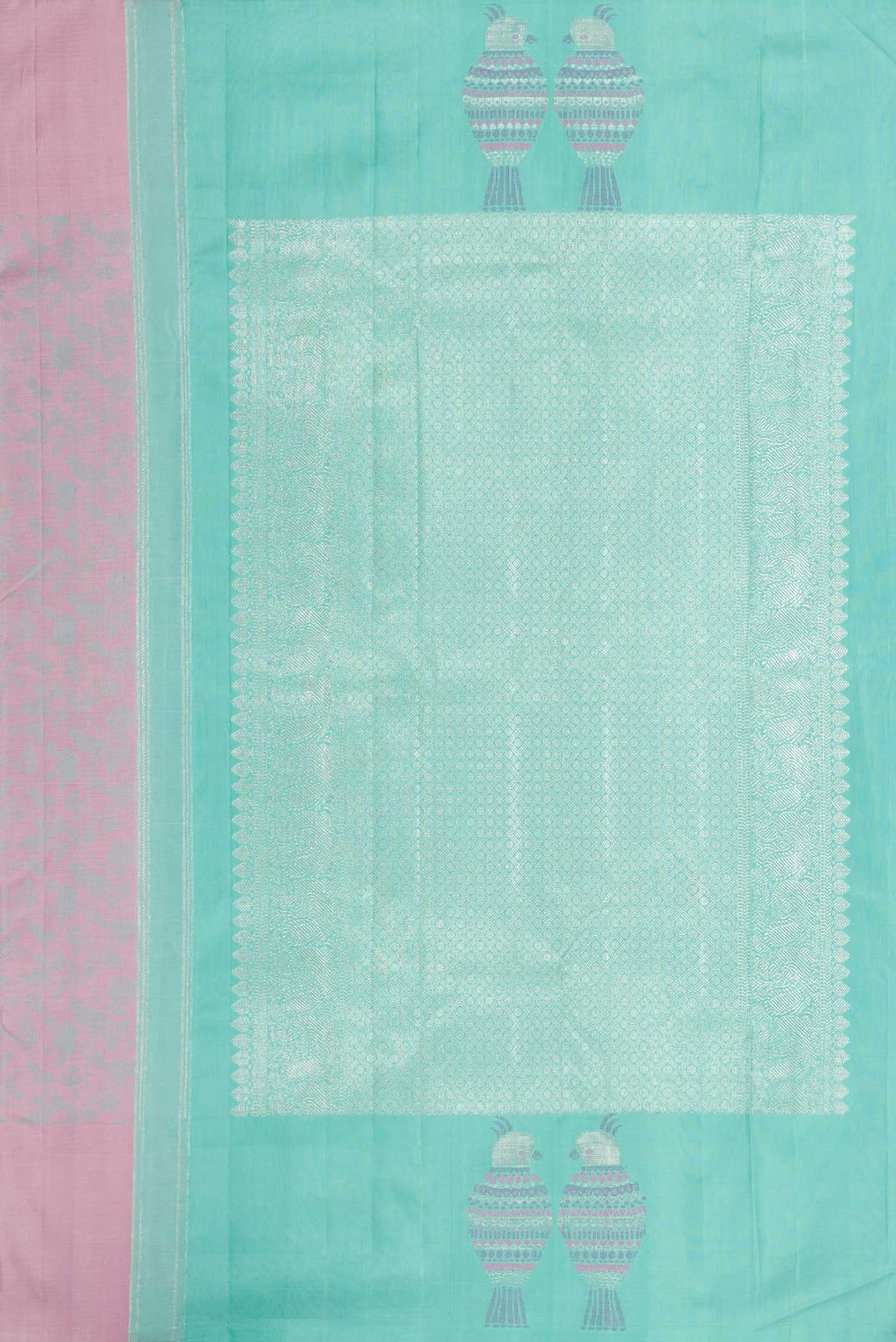 Close up image of the pallu of Pure Silk Pure Zari Pink Dual Tone Kanchipuram Saree with Jacquard design on the body and Fancy Border