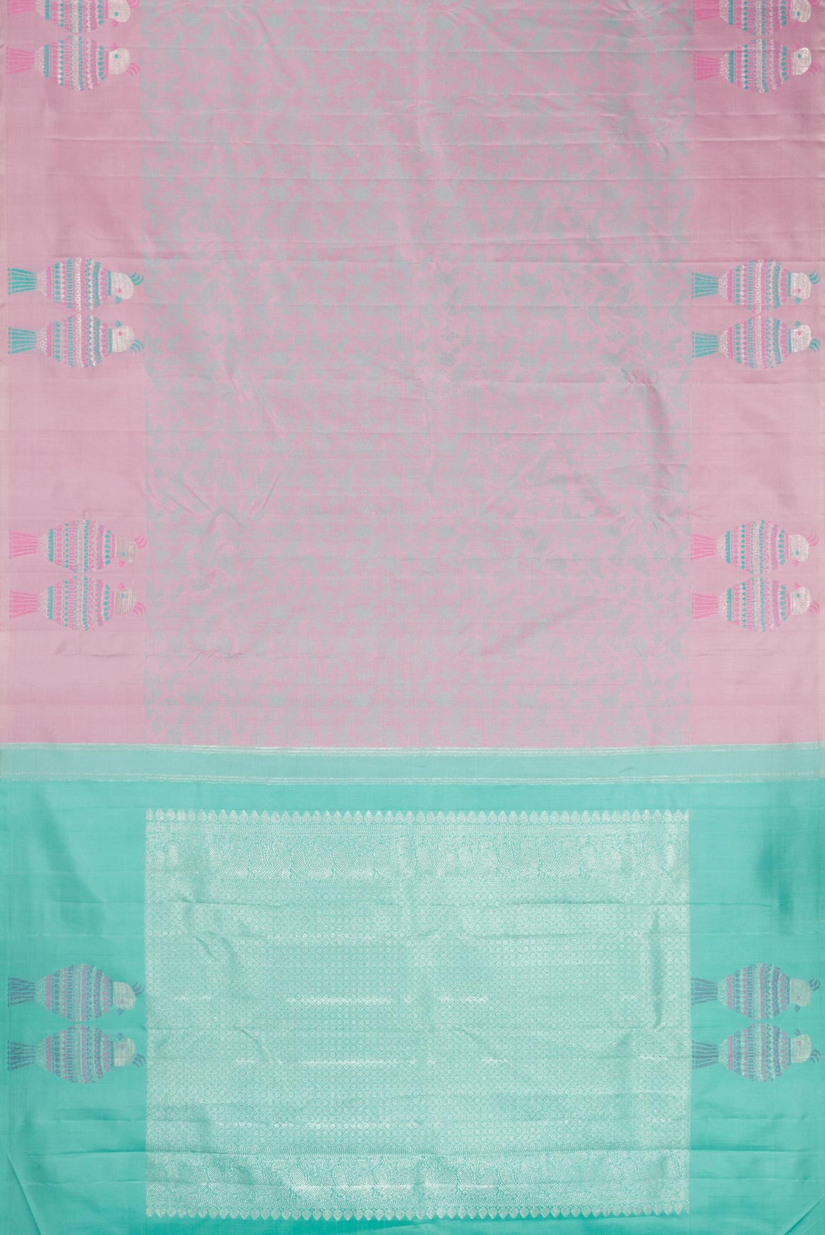 Flat view of Pure Silk Pure Zari Pink Dual Tone Kanchipuram Saree with Jacquard design on the body and Fancy Border