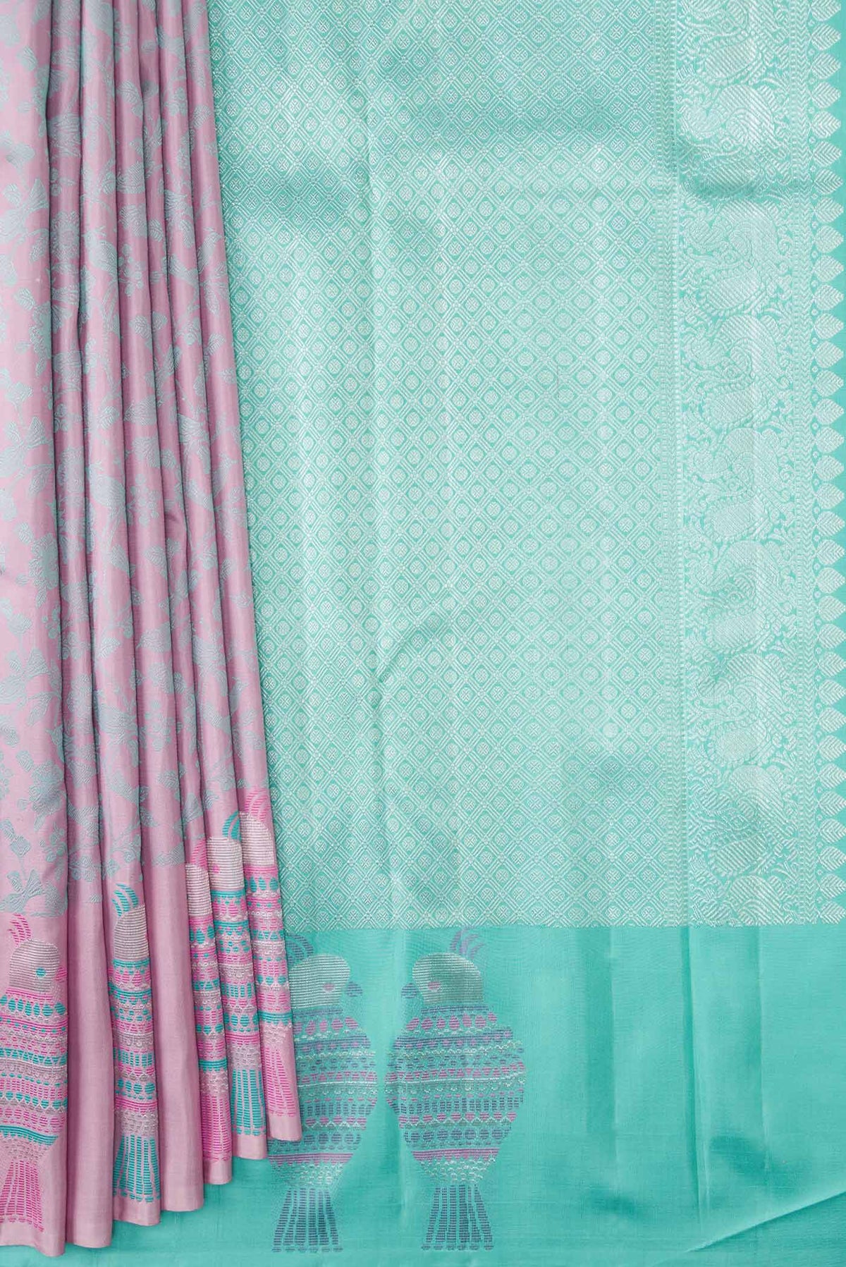 Pleats and pallu of Pure Silk Pure Zari Pink Dual Tone Kanchipuram Saree with Jacquard design on the body and Fancy Border