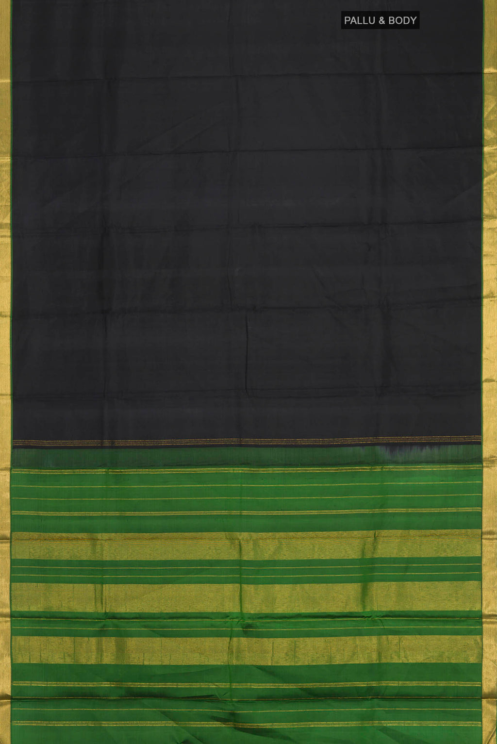 Flat view of Black Kanchipuram Silk Saree with Plain Body and Zari Border