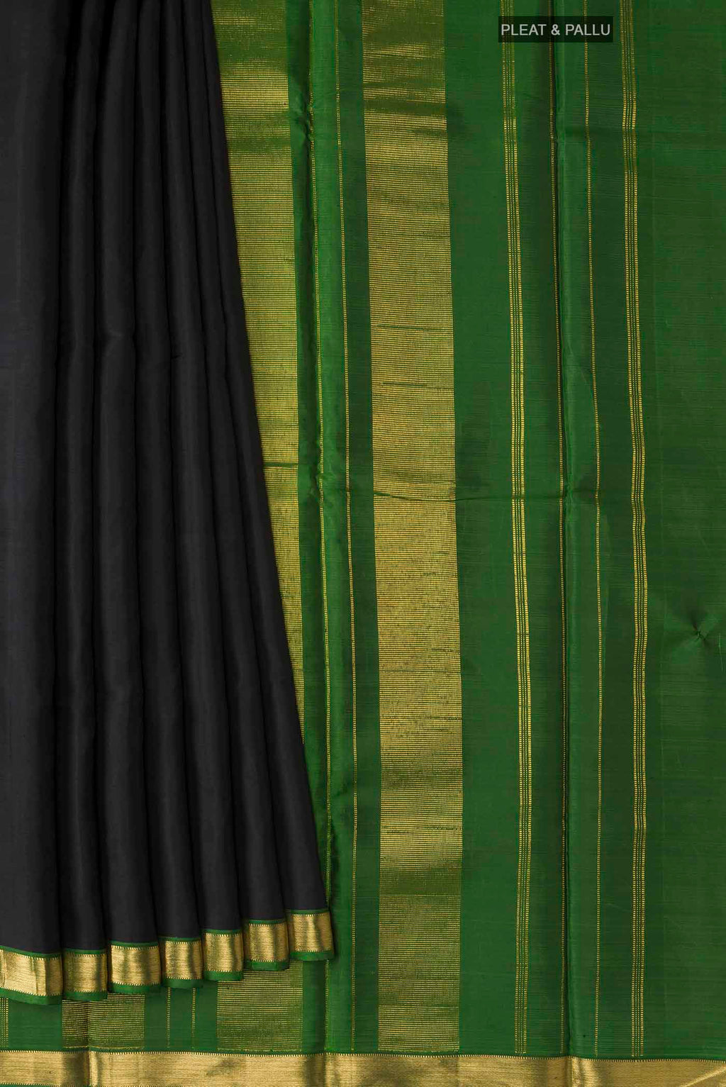Pleats and pallu of Black Kanchipuram Silk Saree with Plain Body and Zari Border