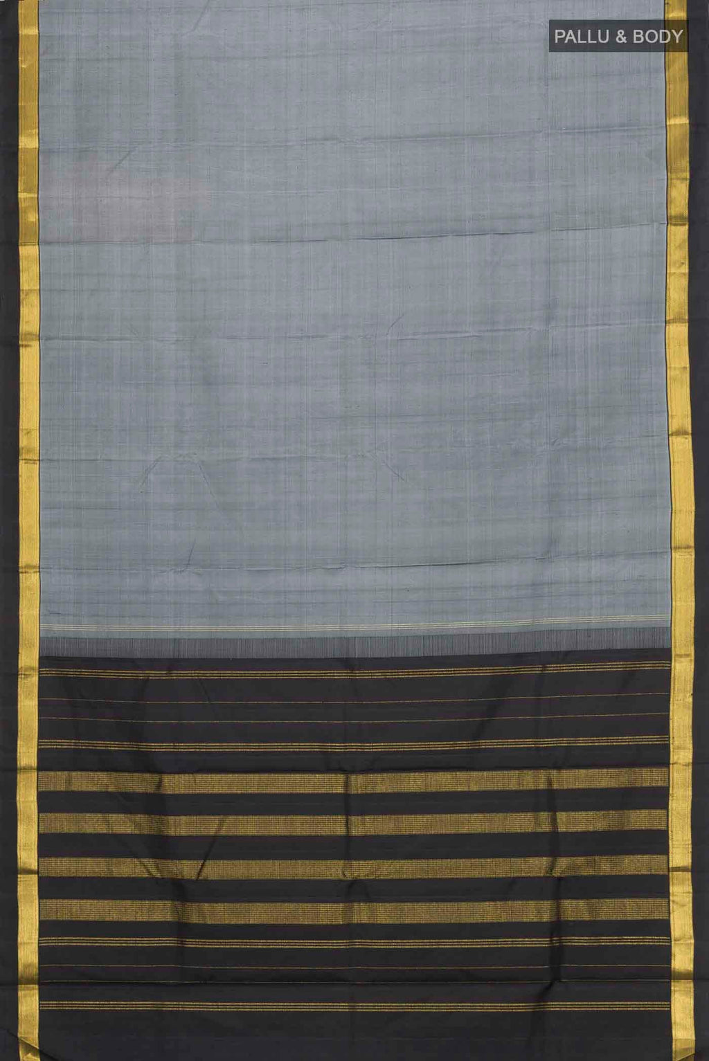 Flat view of Grey Kanchipuram Silk Saree with Plain Body and Zari Border